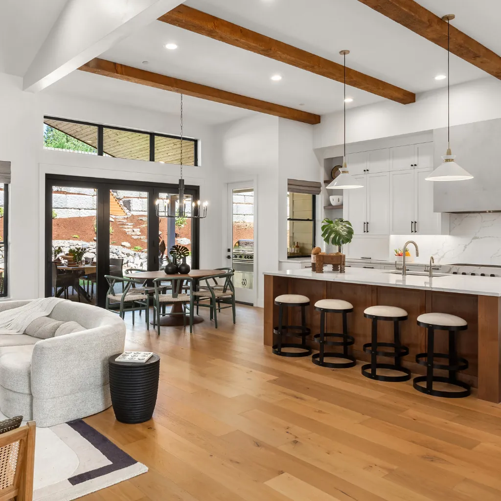 Bright, clean living room and kitchen in a Knoxville home